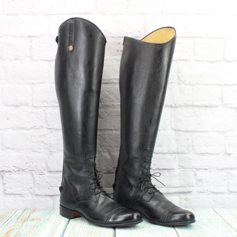 *Unbranded Black Leather Pull On Cap Toe Back Zipper Tall Boots Size 10.5 - Picture 3 of 9